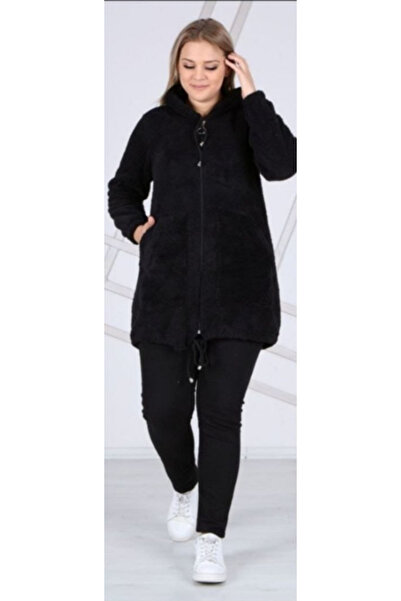 BİrHoşButik Plus Size Full Lycra Soft Pocketed Hooded Lace-Up Zippered Winter Trend Plush Fleece Cardigan