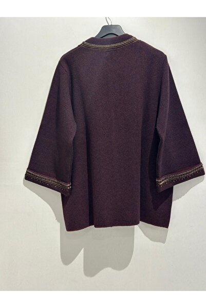 Desen Triko Women's Mock Neck Wool Coat with Embroidered Sleeves and Collar