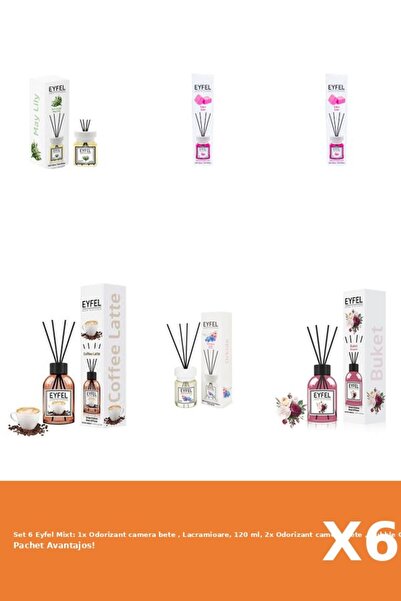 Eyfel Set 6 Mixt: 1x Odorizant camera bete , Lacramioare, 120 ml, 2x Odorizant camera bete , Bubble