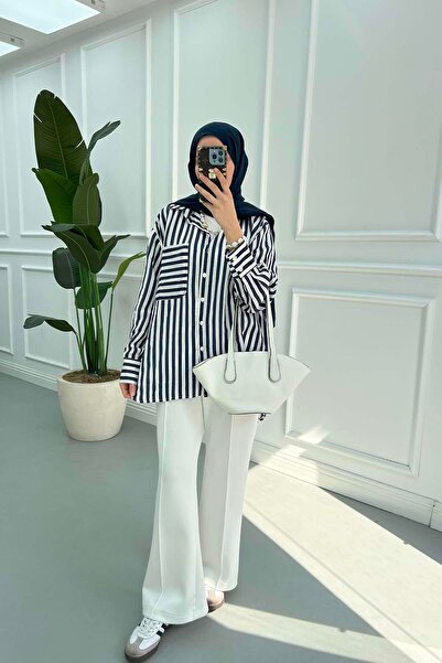 Pardesü Dünyası Çizgili Oversize Gömlek Lacivert