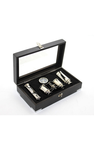 RiverWorld River World Compass Box Wooden Hourglass and Brass Binoculars Set