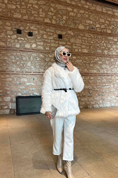 Pardesü Dünyası Kemerli Astarlı Kürk Kaban Beyaz