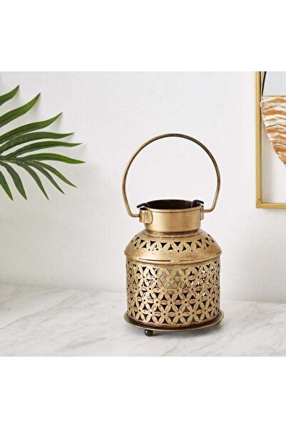 Home Box HomeBox Metal Lantern with Geometric Cut-out Ibiza Design, Gold, 12 cm