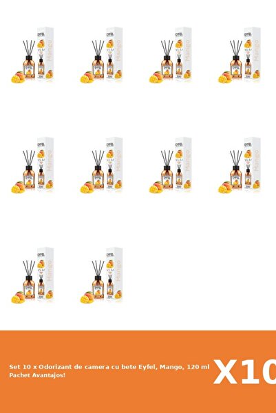 Eyfel Set 10 x Odorizant de camera cu bete Eyfel, Mango, 120 ml