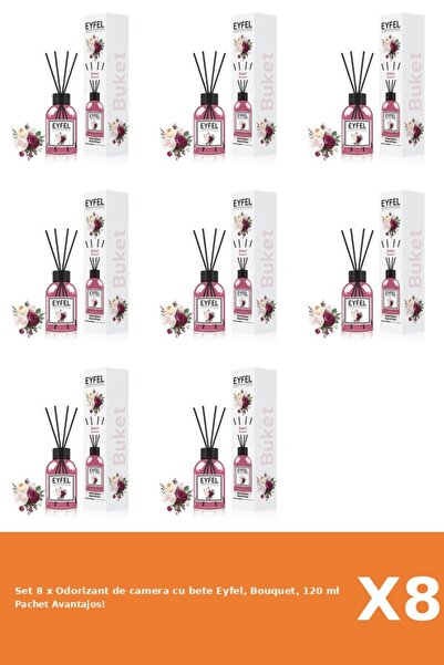 Eyfel Set 8 x Odorizant de camera cu bete Eyfel, Bouquet, 120 ml