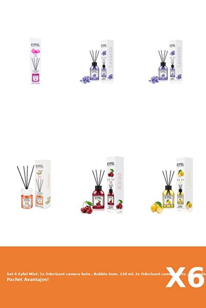 Eyfel Set 6 Mixt: 1x Odorizant camera bete , Bubble Gum, 120 ml, 2x Odorizant camera bete , Lavanda,