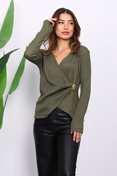İmajButik Khaki Buckle Detailed Double-Breasted Collar Corded Fabric Blouse