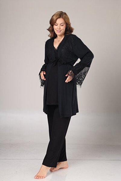 BLACKMORE Women's Black Jacquard Lace Design Double-Breasted Winter Maternity Maternity Dressing Gown Pajamas 3-Piece Set
