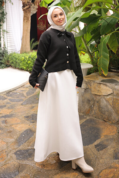 İmajButik Black Collar Tied Buttoned Knitwear Cardigan