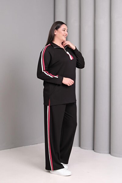 Ebsumu Γυναικείο Σετ Φούτερ Μεγάλου Μεγέθους Κόκκινη Ρίγα Λεπτομέρειας Sho Fabric Μαύρο