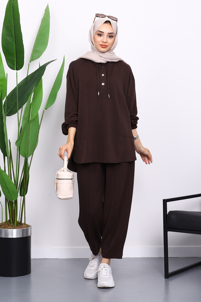 İmajButik Brown Collar Snap-Tunic Trouser Suit