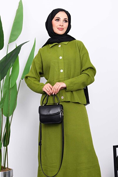 İmajButik Green Shirt Collar Buttoned Knitwear Skirt Set