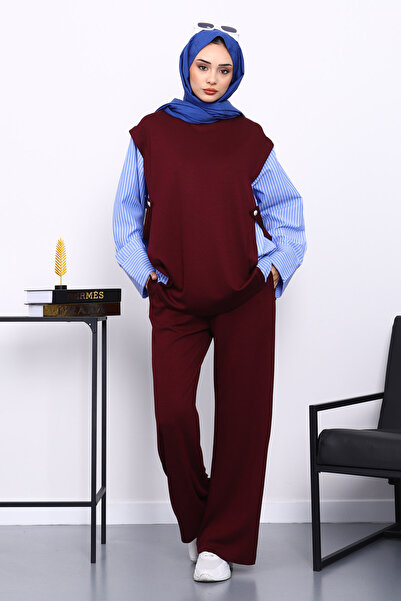 İmajButik Σετ Modal με παντελόνι τουνίκ Plum συνδυασμός υφασμάτων