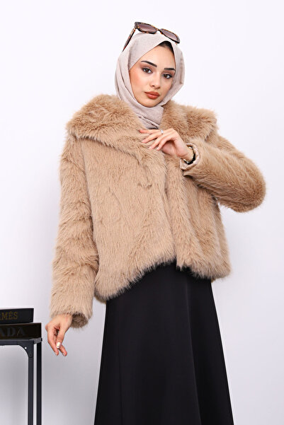 İmajButik Κοντό γούνινο παλτό με μπεζ επένδυση