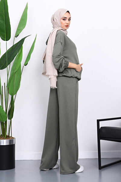 İmajButik Khaki Hooded Zippered Kangaroo Pocket Modal Set