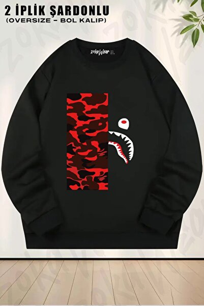 ZOKAWEAR Unisex Bape Shark Roșu Camo Imprimat Oversize Guler Rotund Sweatshirt