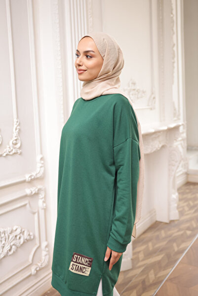 İmajButik Emerald Green Crew Neck Embroidered Tunic