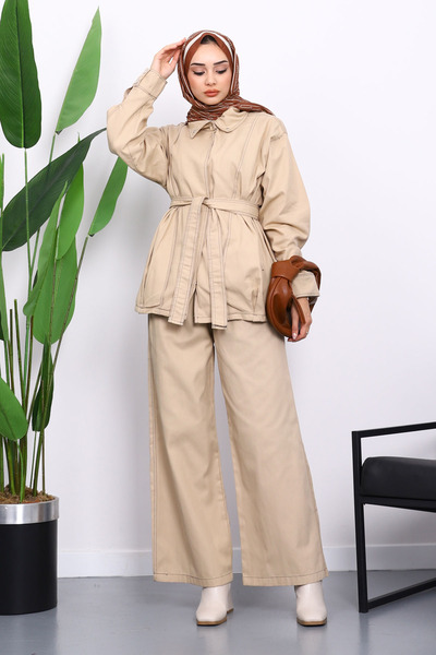 İmajButik Σετ Gabardine με μπεζ μπουφάν και παντελόνι με κουμπώματα