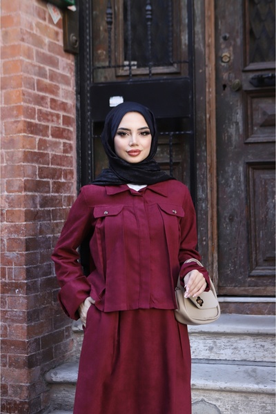 NİSUM MODA Suede Skirt Suit with Pocket Detail