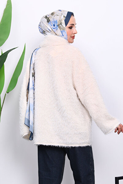 İmajButik Ecru Angora Jacket with Button Detail and Scarf Gift