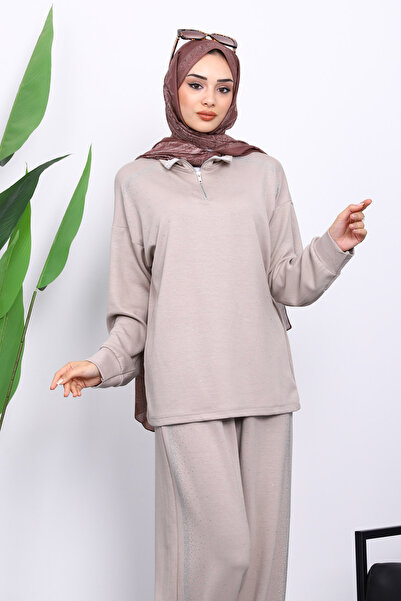 İmajButik Σετ παντελόνι με φερμουάρ και γιακά από πέτρα βιζόν