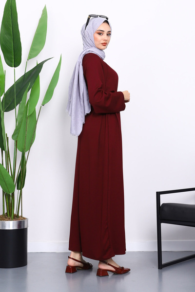 İmajButik Φόρεμα με μπορντό λακαρισμένο μανίκι με κορδόνια με κορδόνια βασικής μοντάλ