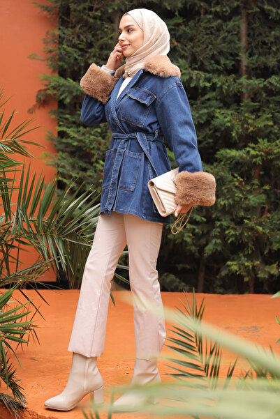 İmajButik Blue Sleeve Collar Fur Denim Jacket