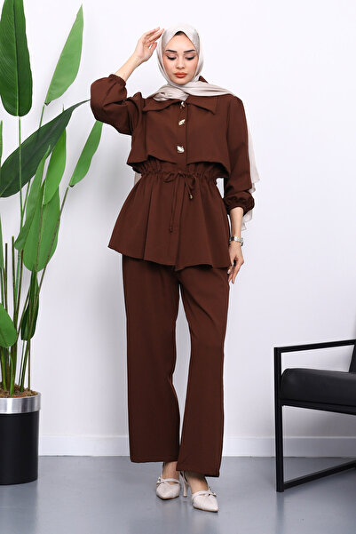 İmajButik Brown Double Crepe Tunic Trouser Suit