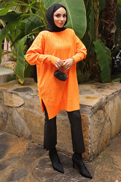 İmajButik Orange Crew Neck Cold Thread Knitwear Tunic