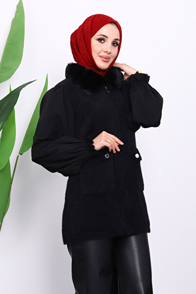 İmajButik Black Collar Fur Pocketed Knitwear Vest