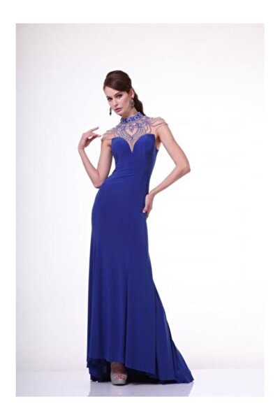 Ladivine Los Angeles Long fitted blue jersey evening dress with appliqués