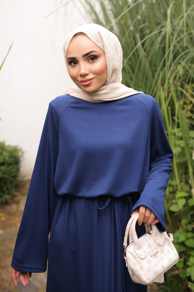 İmajButik Μπλε ναυτικό φόρεμα με λαιμόκοψη και ζώνη στη μέση