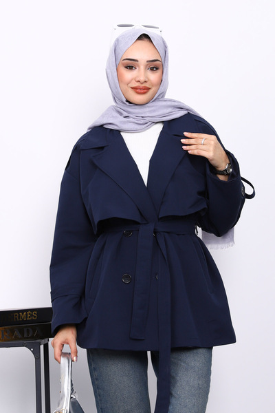 İmajButik Navy Blue Kravuze Collar Buttoned Short Trench Coat