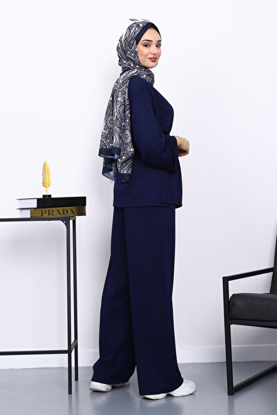 İmajButik Navy Blue Waist-Tied Pants Modal Suit with Pockets