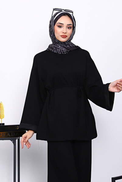 İmajButik Black Belted Trousers Modal Suit with Pockets