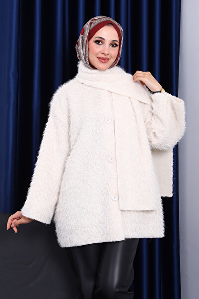 İmajButik Ecru Boat Neck Scarf Jacket