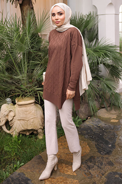 İmajButik Brown Crew Neck Cold Thread Knitwear Tunic