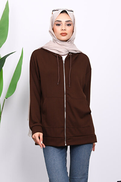 İmajButik Brown Hooded Zippered Modal Sweat Cardigan