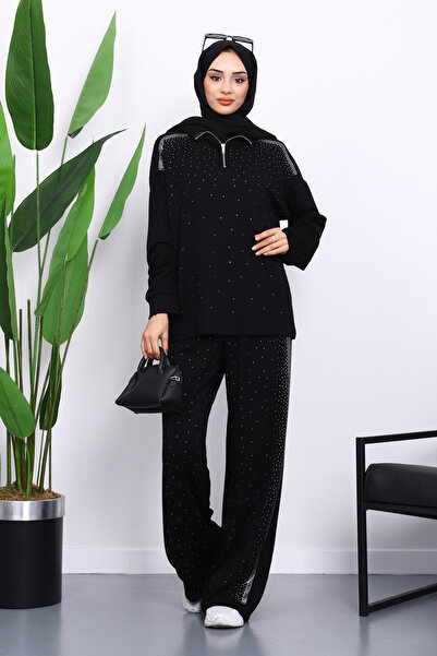 İmajButik Black Stone Collar Zippered Tunic Trouser Suit