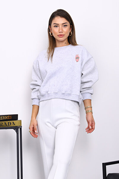 İmajButik Gray Crew Neck Embroidered Three Thread Short O Oversized Sweat