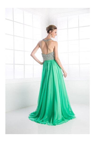 Ladivine Los Angeles Long green evening dress in cloisonné made of veil with pearls