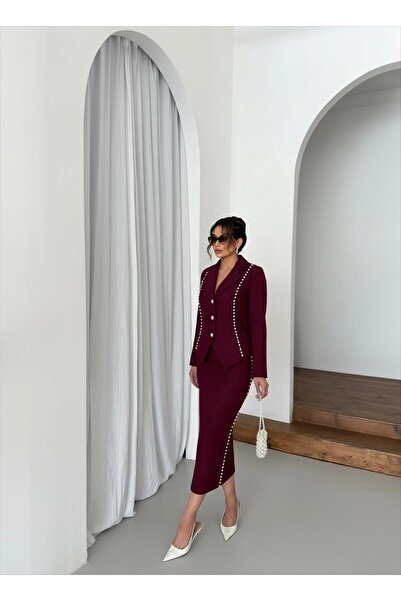 1Moda1Tarz Women's Imported Tweed Fabric Pearl Embroidered Lined Jacket Skirt Bottom-Top Set