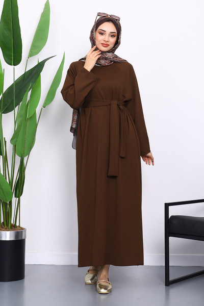İmajButik Brown Sleeve Embroidered Raglan Sleeve Basic Modal Belted Dress