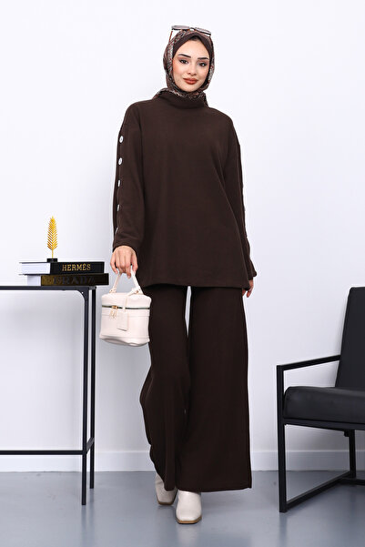İmajButik Καφέ Σετ Τουνίκ με Λεπτομέρεια Μανικετόκουμπα και Παντελόνι