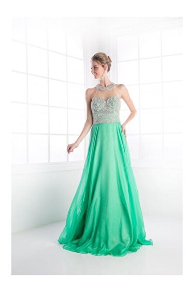 Ladivine Los Angeles Long green evening dress in cloisonné made of veil with pearls