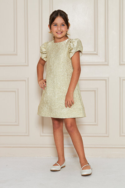 zühre balaban Gold Short Girls Dress with Velvet Bow