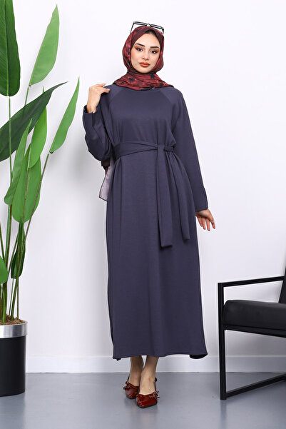 İmajButik Smoked Sleeve Embroidered Raglan Sleeve Basic Modal Belted Dress