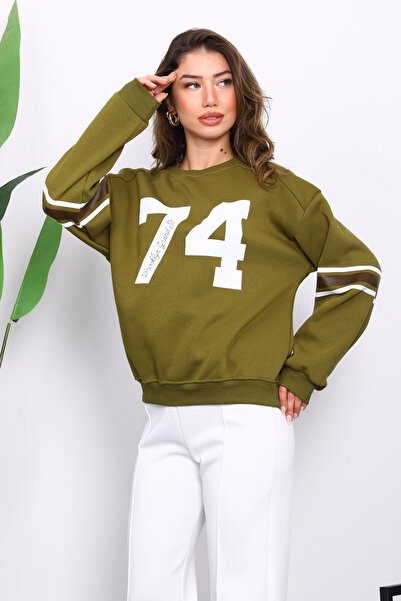 İmajButik Oil Green Front and Arm Printed Three Thread Sweat