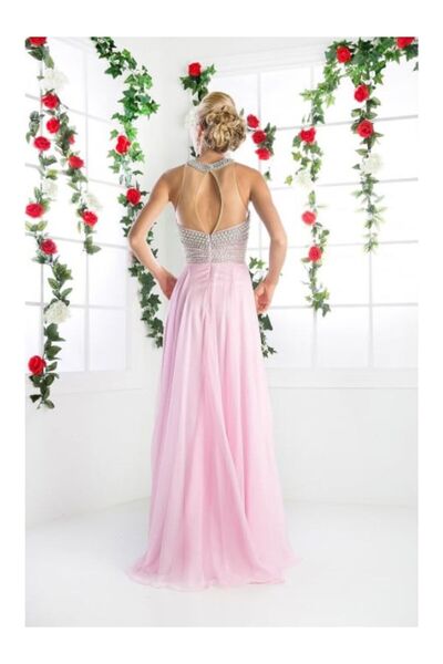 Ladivine Los Angeles Long pink evening dress in cloisonné made of veil with pearls