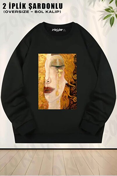 ZOKAWEAR Унисекс пуловер с принт на Фрея от Густав Климт, с обширна яка и широка кройка